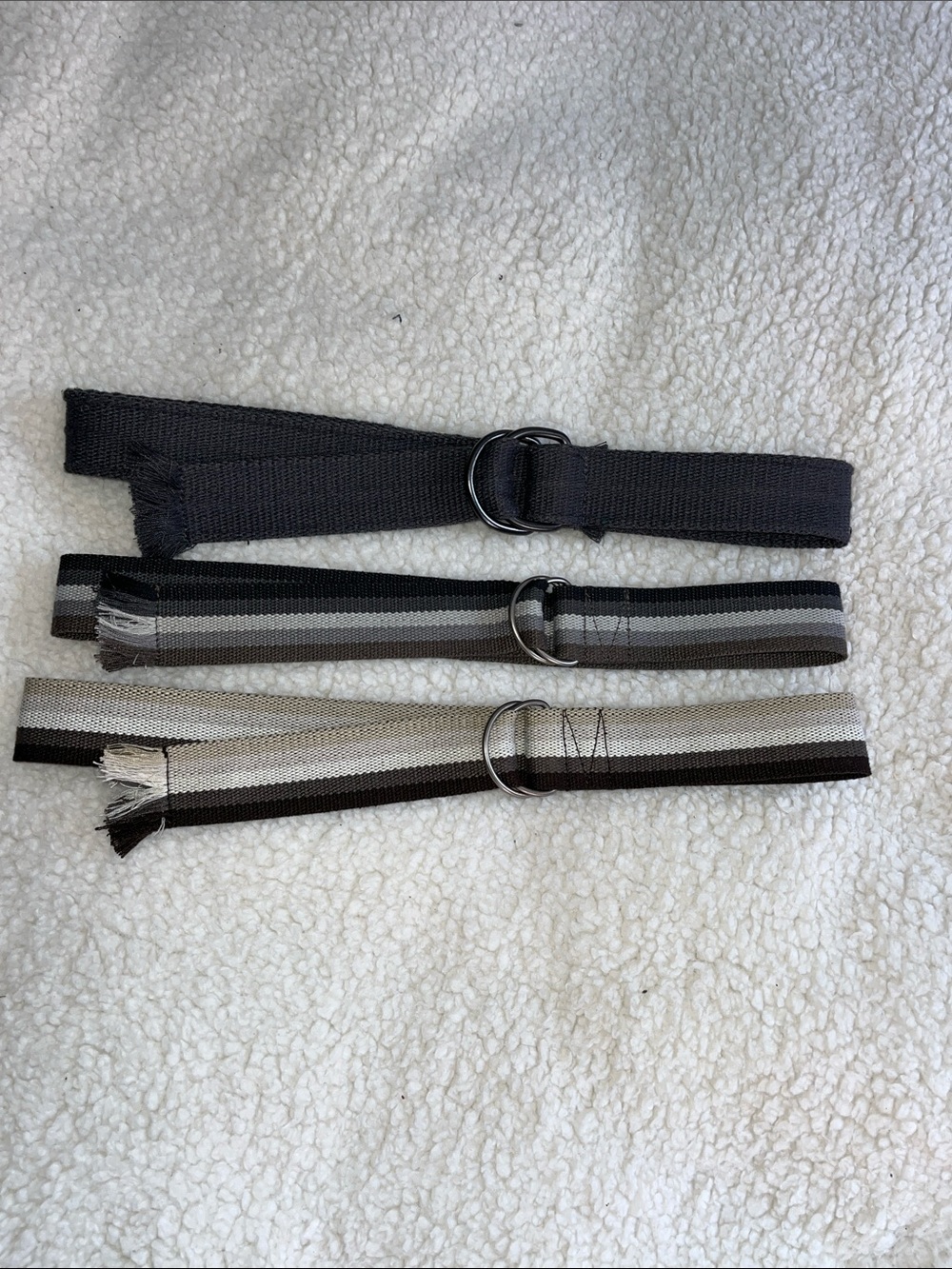 Set of 3 D-Ring Canvas Belts in neutral colors. Size 16-20.